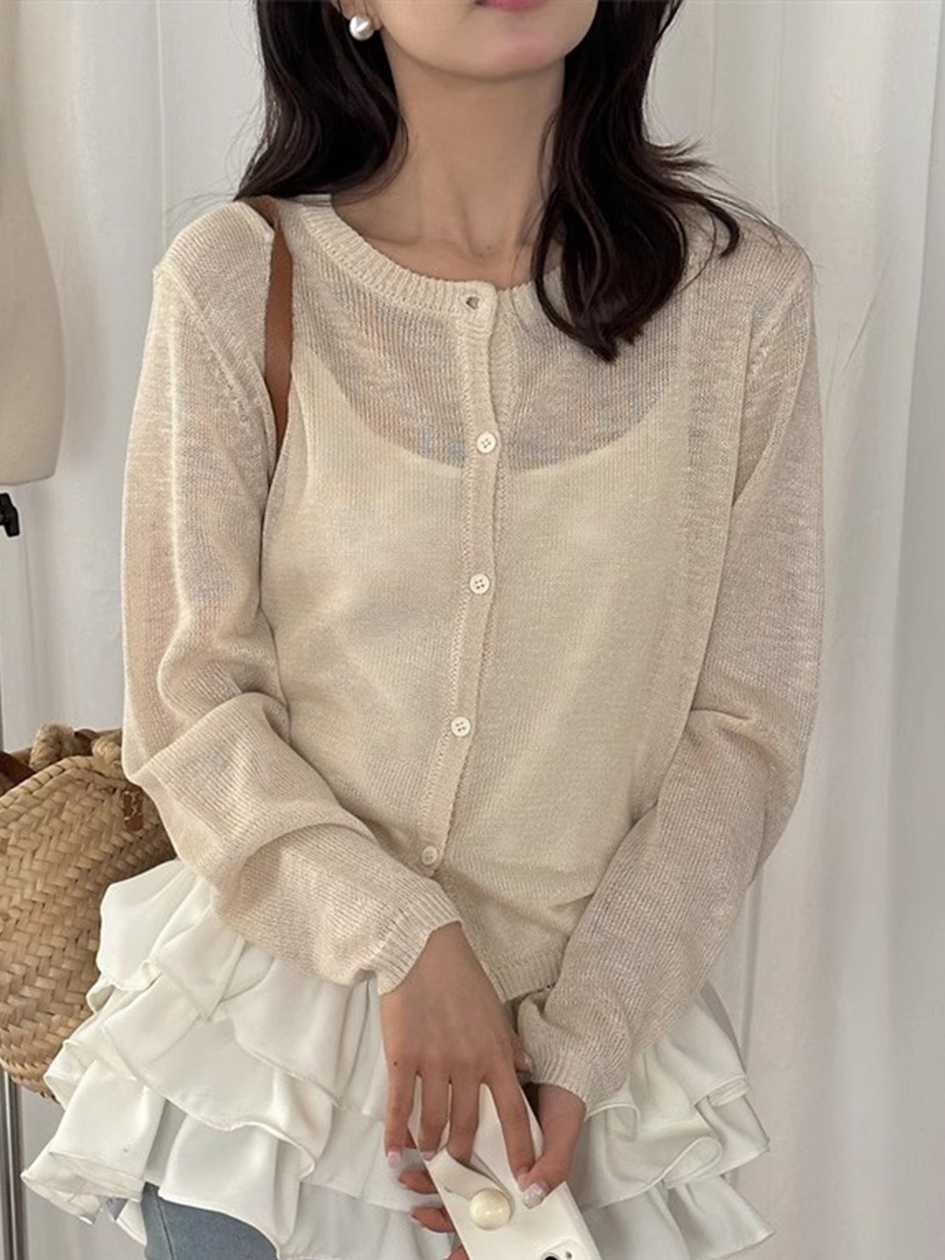 Damen leichte Strickjacke mit zarter Transparenz Merchesia