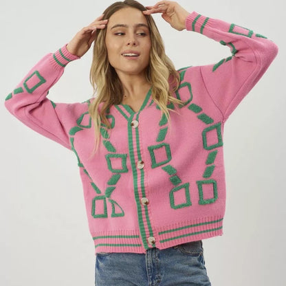 Damen Oversized Strickjacke mit großem geometrischen Muster und Knopfverschluss Merchesia