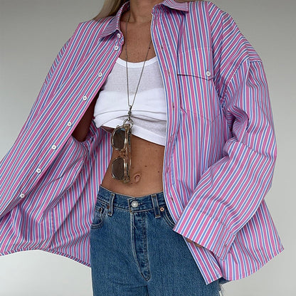 Damen Oversized Hemdbluse mit feinen Streifen Merchesia