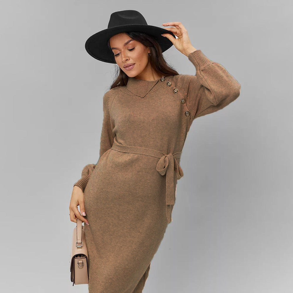 Damen Strickkleid mit taillierendem Gürtel und dekorativen Knopfdetails Merchesia