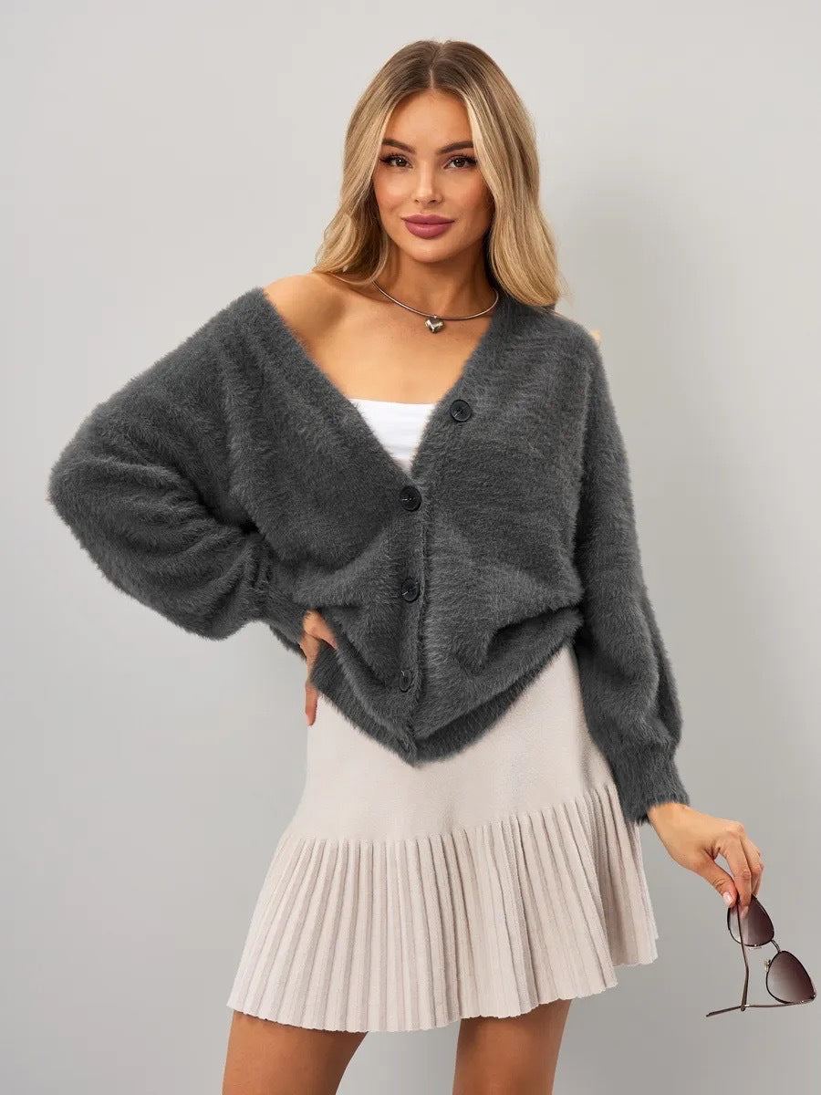 Damen Flauschiger Cardigan mit tiefem V-Ausschnitt und Knopfdetails Merchesia