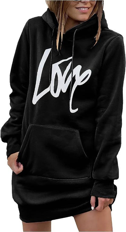 Damen Hoodie-Kleid mit Kängurutasche und auffälligem Schriftzug Merchesia