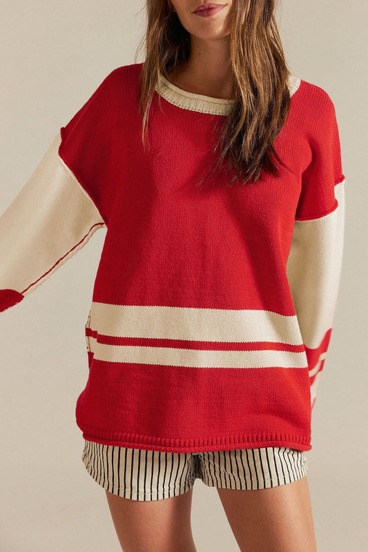 Damen lässiger Sportpullover mit kontrastierenden Ärmel- und Streifenmustern Merchesia