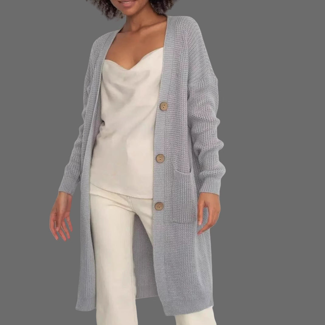 Damen Lange Strickjacke mit Knopfdetails und praktischen Taschen Merchesia