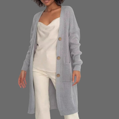 Damen Lange Strickjacke mit Knopfdetails und praktischen Taschen Merchesia