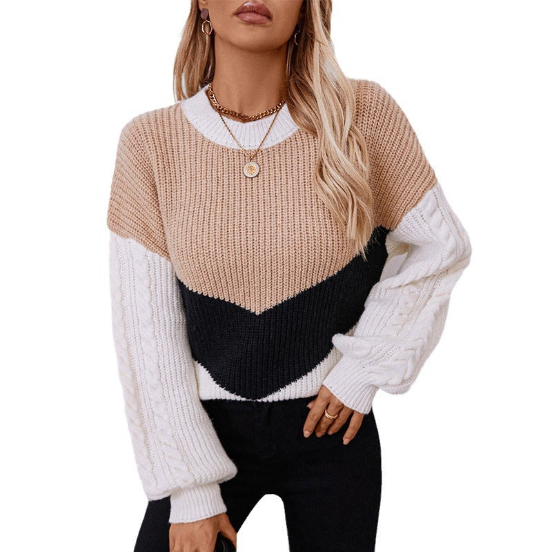 Damen modischer Strickpullover mit raffinierten Zopfmuster-Ärmeln und Kontrastfarben Merchesia