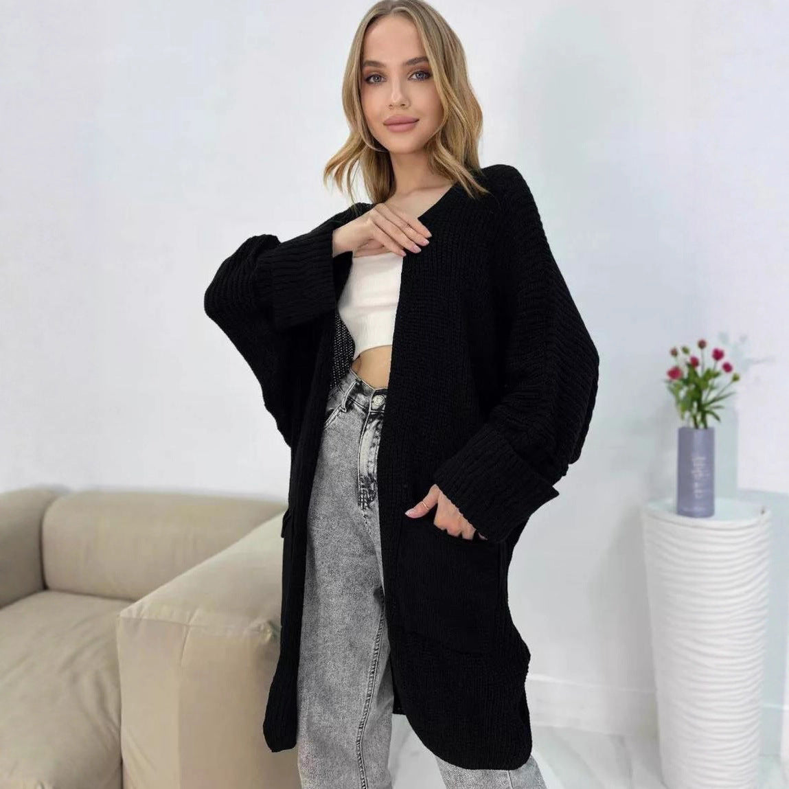 Damen Grobstrickcardigan mit großzügigen Taschen und lässigem Schnitt Merchesia