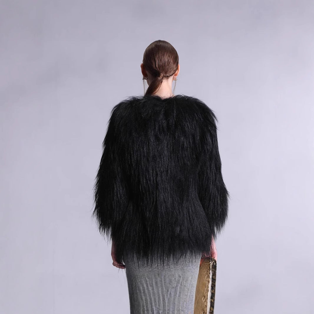 Damen Elegante Kunstpelz-Cape mit weit offenem Schnitt Merchesia