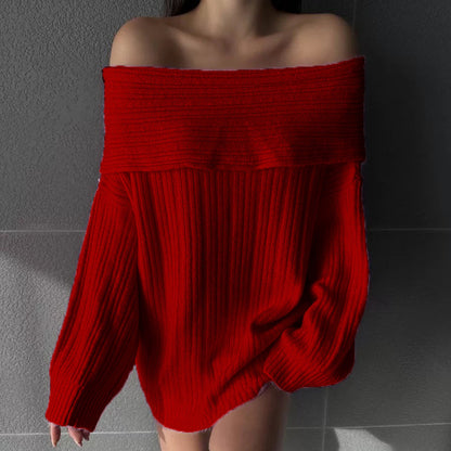 Damen Off-Shoulder Strickpullover mit Rippstruktur und weit geschnittenen Ärmeln Merchesia