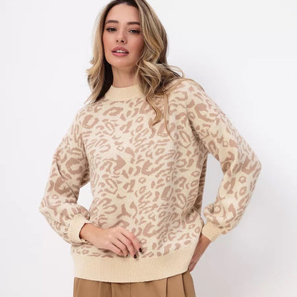 Damen komfortabler Strickpullover mit modernem Leo-Muster und gerippten Abschlüssen Merchesia