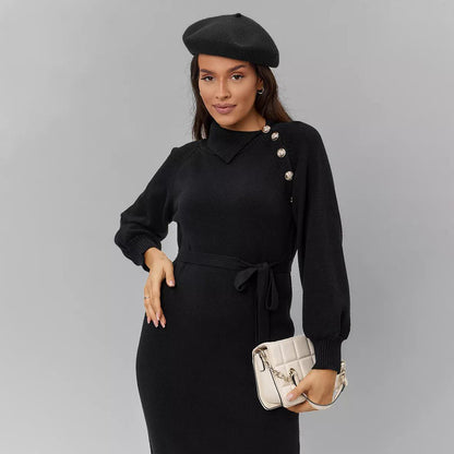 Damen Strickkleid mit taillierendem Gürtel und dekorativen Knopfdetails Merchesia