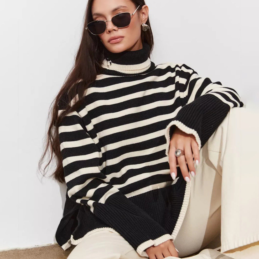 Damen Gemütlicher Rollkragenpullover mit klassischen Streifen und modischen Details Merchesia