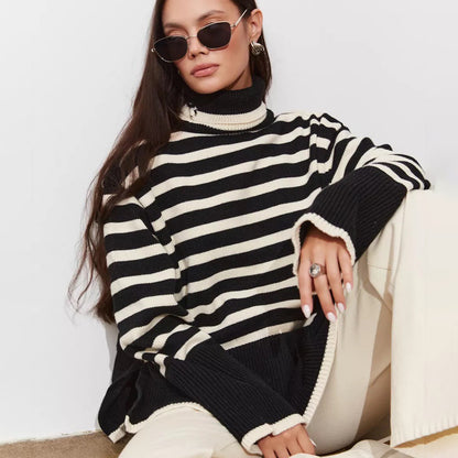 Damen Gemütlicher Rollkragenpullover mit klassischen Streifen und modischen Details Merchesia