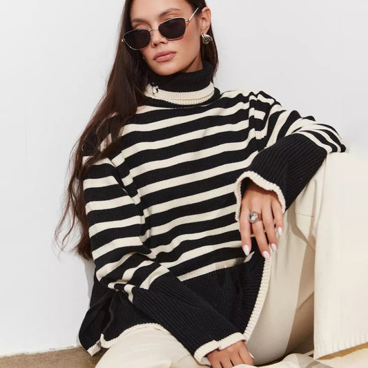 Damen Gemütlicher Rollkragenpullover mit klassischen Streifen und modischen Details Merchesia