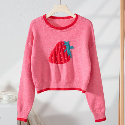 Damen trendiger Pullover mit Erdbeer-Motiv und Kontrastbündchen Merchesia