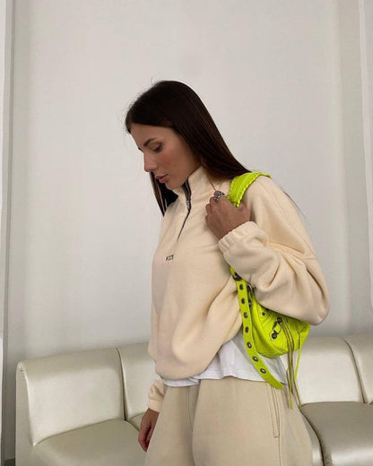 Damen modischer Fleece-Pullover mit Halb-Reißverschluss und überschnittenen Schultern Merchesia