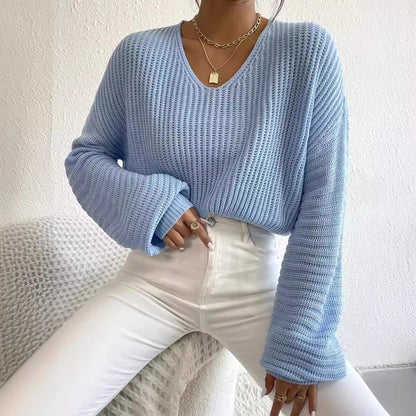 Damen lässiger Sweater mit weitem V-Ausschnitt und langen Ärmeln Merchesia