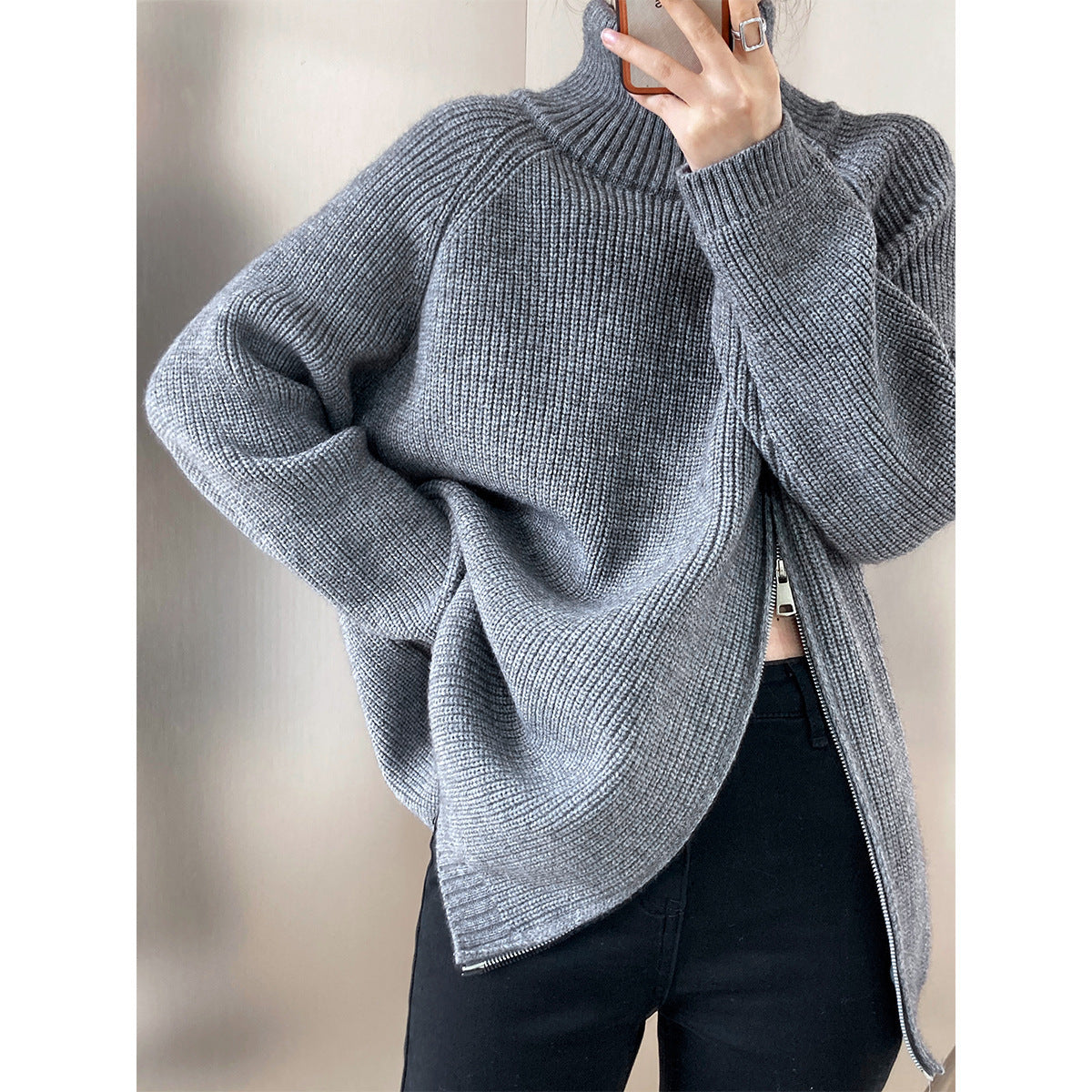 Damen lässiger Strickpullover mit seitlichem Reißverschluss und hohem Kragen Merchesia
