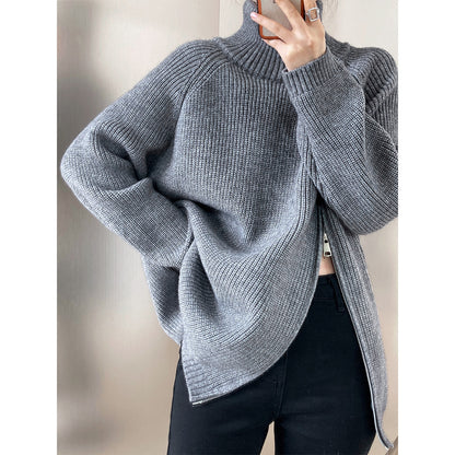 Damen lässiger Strickpullover mit seitlichem Reißverschluss und hohem Kragen Merchesia