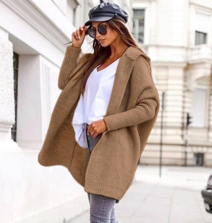 Damen lässiger Strickcardigan mit Kapuze und weiten Ärmeln Merchesia