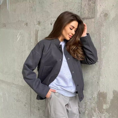 Damen lässige Collegejacke mit Knopfverschluss und Taschen Merchesia