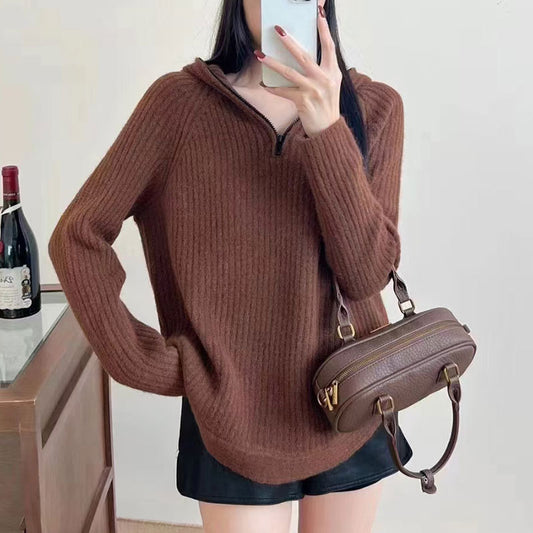 Damen lässiger Strickpullover mit hochgezogenem Kragen und Reißverschluss Merchesia