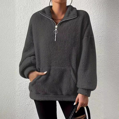 Damen kuscheliger Fleece-Pullover mit halbem Reißverschluss und Seitentaschen Merchesia