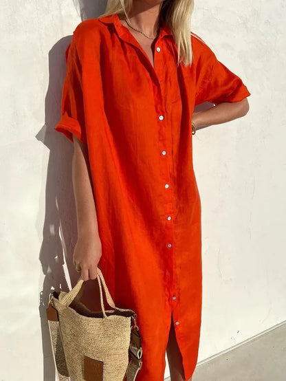 elegantes, lässiges kleid für damen mit weiten Ärmeln und knöpfen kleid aus baumwolle und leinen