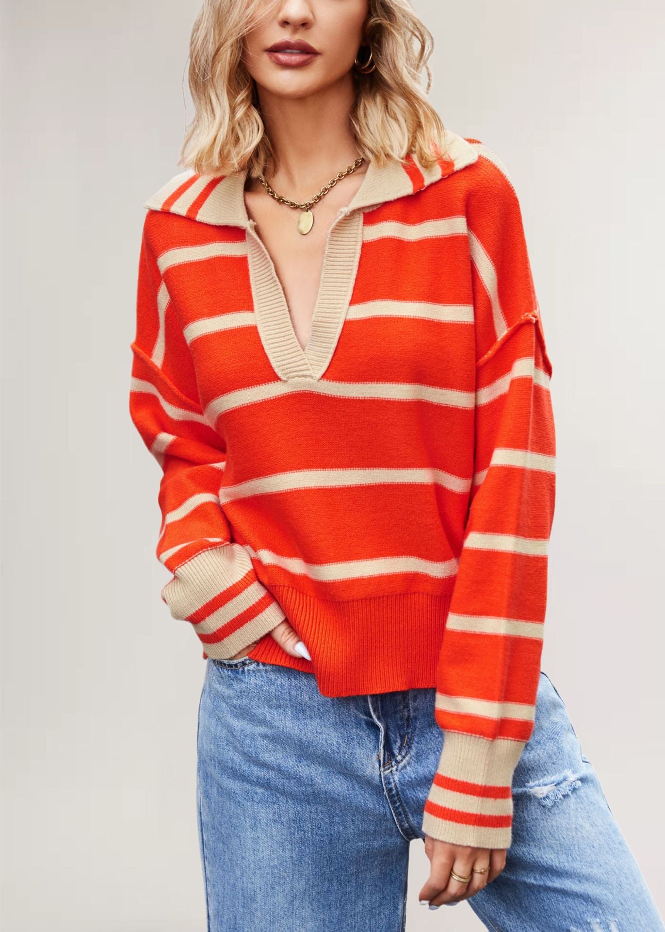 Damen lässiger Pullover mit V-Ausschnitt und gestreiftem Design Merchesia