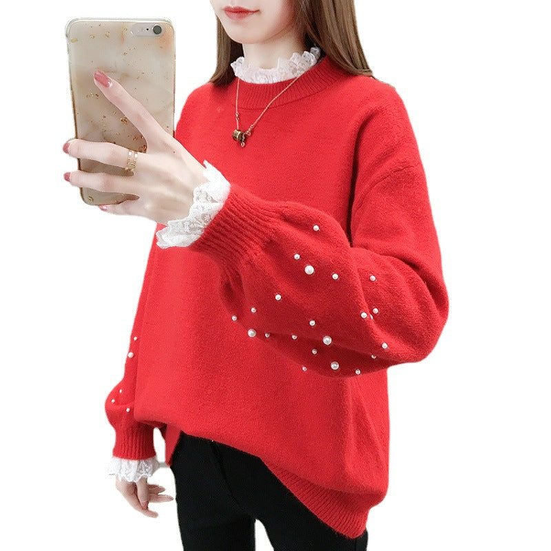 Damen trendiger Strickpullover mit Perlendetails und voluminösen Ärmeln Merchesia