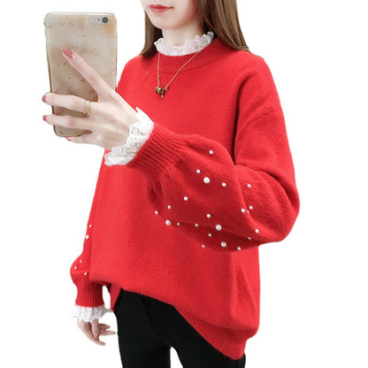 Damen trendiger Strickpullover mit Perlendetails und voluminösen Ärmeln Merchesia