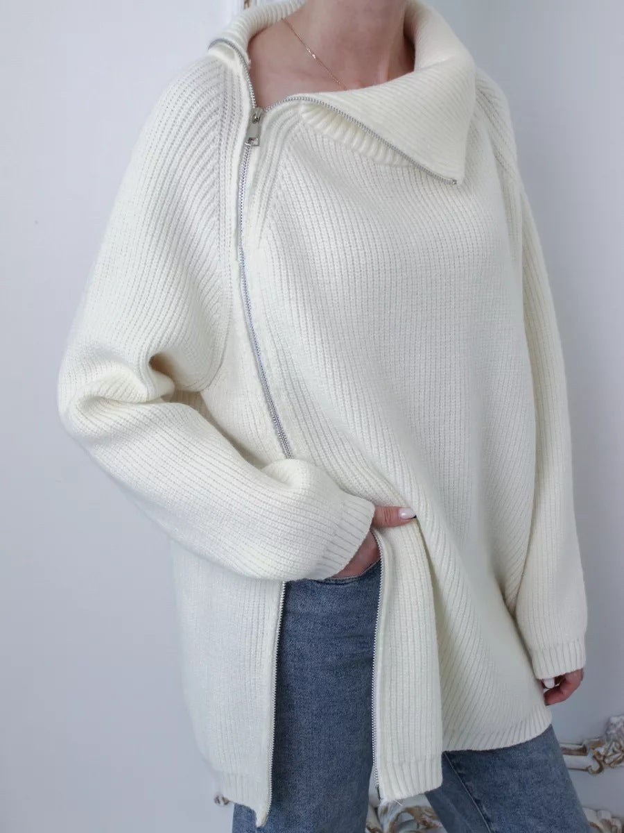Damen lässiger Strickpullover mit asymmetrischem Reißverschluss und großem Kragen Merchesia