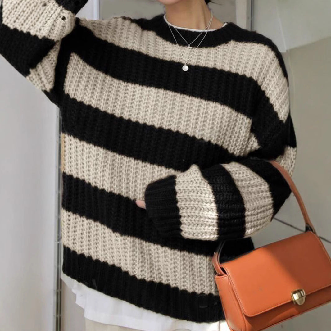 Damen modischer Strickpullover mit breiten Streifen und lockerer Passform Merchesia