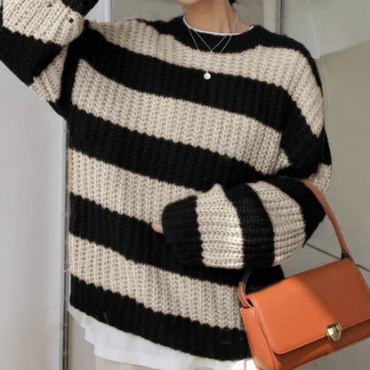 Damen modischer Strickpullover mit breiten Streifen und lockerer Passform Merchesia