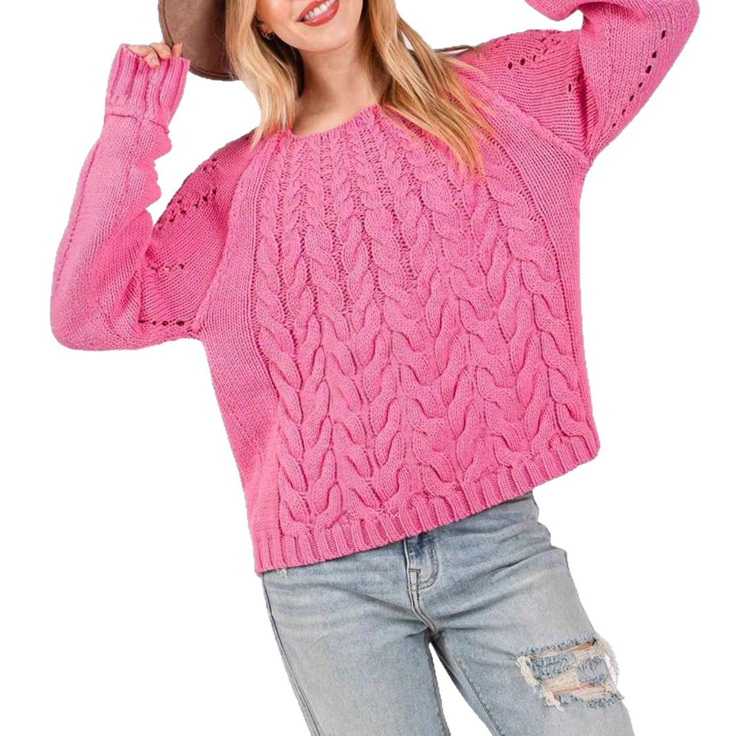Damen Grobstrickpullover mit voluminösen Ärmeln und feinem Lochmuster Merchesia