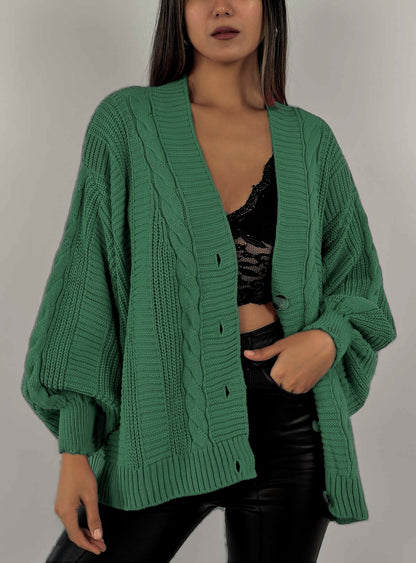 Damen Grobstrickjacke mit eleganter Knopfleiste und voluminösen Puffärmeln Merchesia