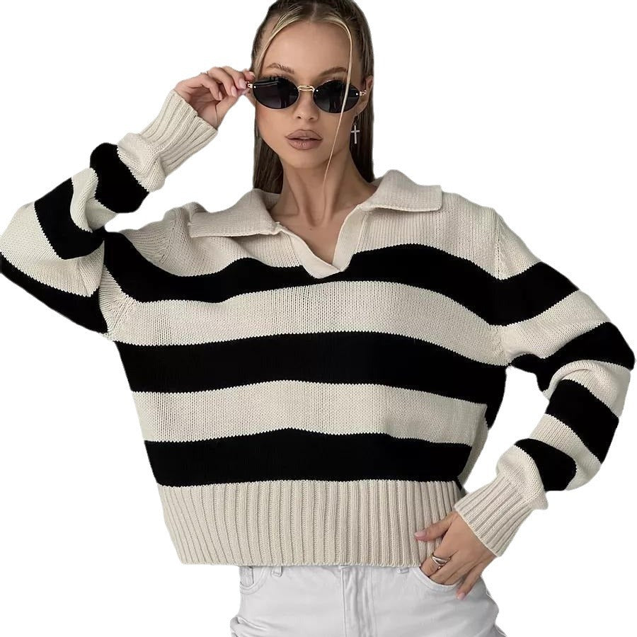 Damen Oversized Pullover mit klassischem Kragen und gestreiftem Design Merchesia