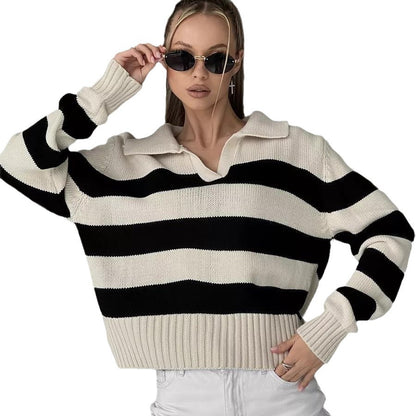 Damen Oversized Pullover mit klassischem Kragen und gestreiftem Design Merchesia