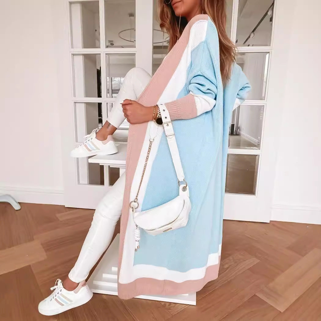 Damen modischer Langstrickmantel mit ausgefallenem Farbblockdesign und breitem Kragen Merchesia