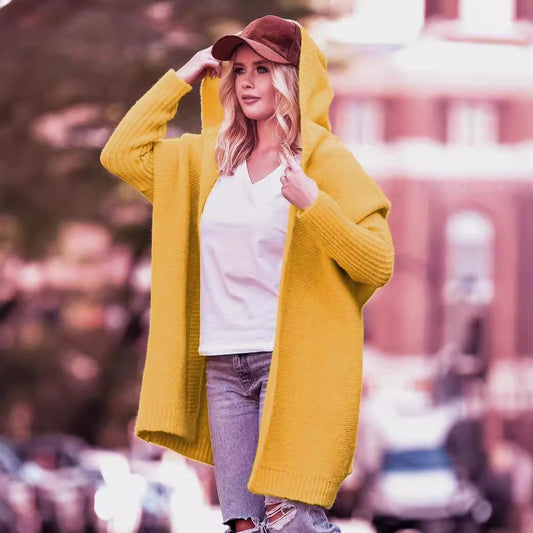 Damen lässiger Strickcardigan mit Kapuze und weiten Ärmeln Merchesia