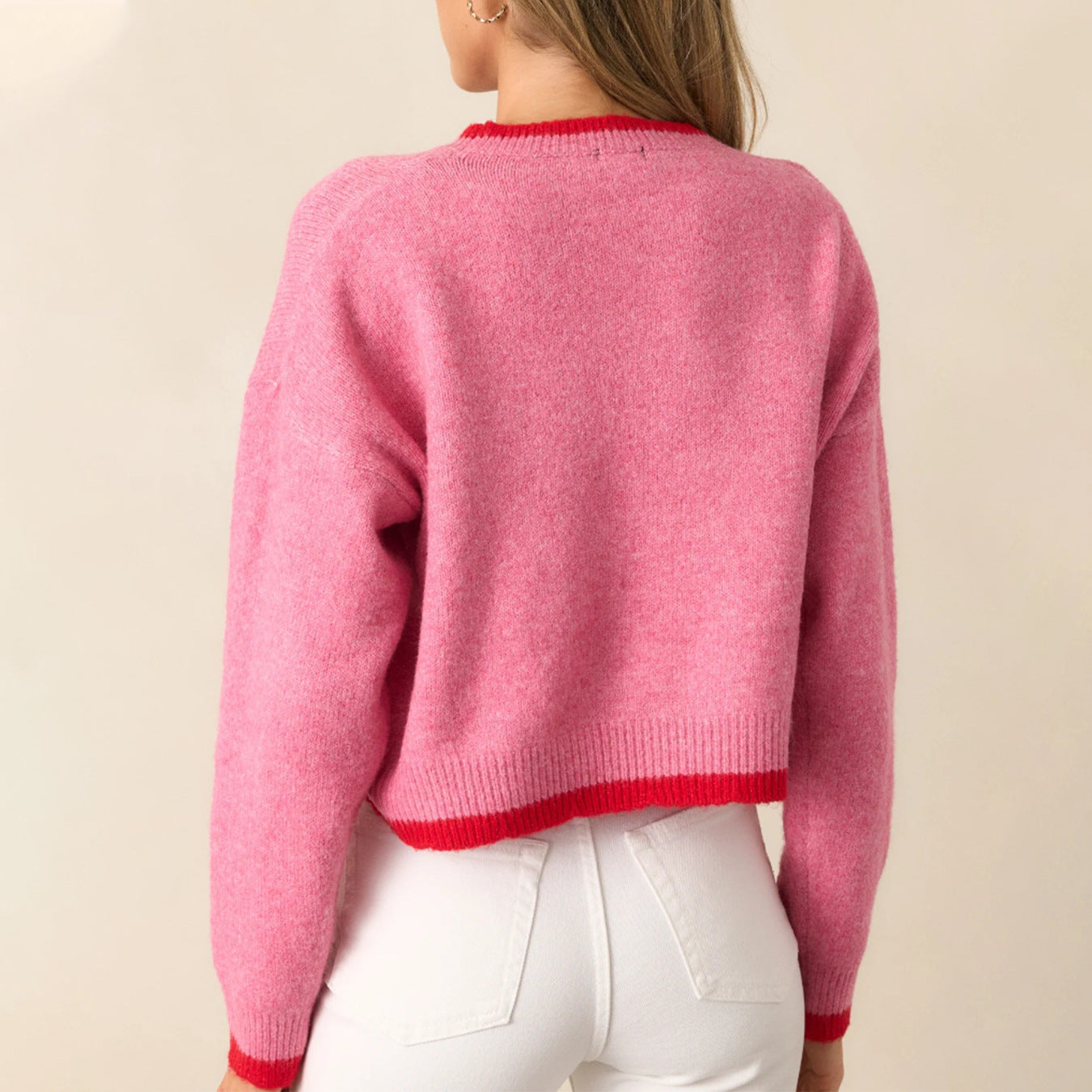 Damen trendiger Pullover mit Erdbeer-Motiv und Kontrastbündchen Merchesia