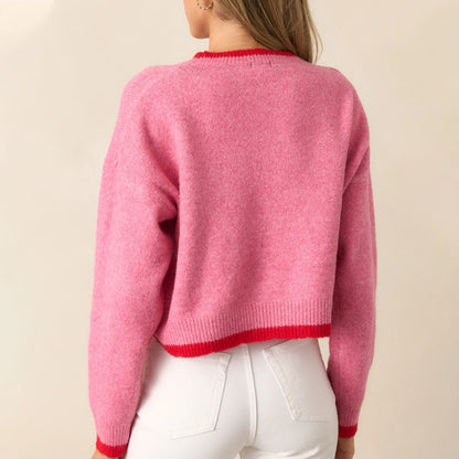 Damen trendiger Pullover mit Erdbeer-Motiv und Kontrastbündchen Merchesia