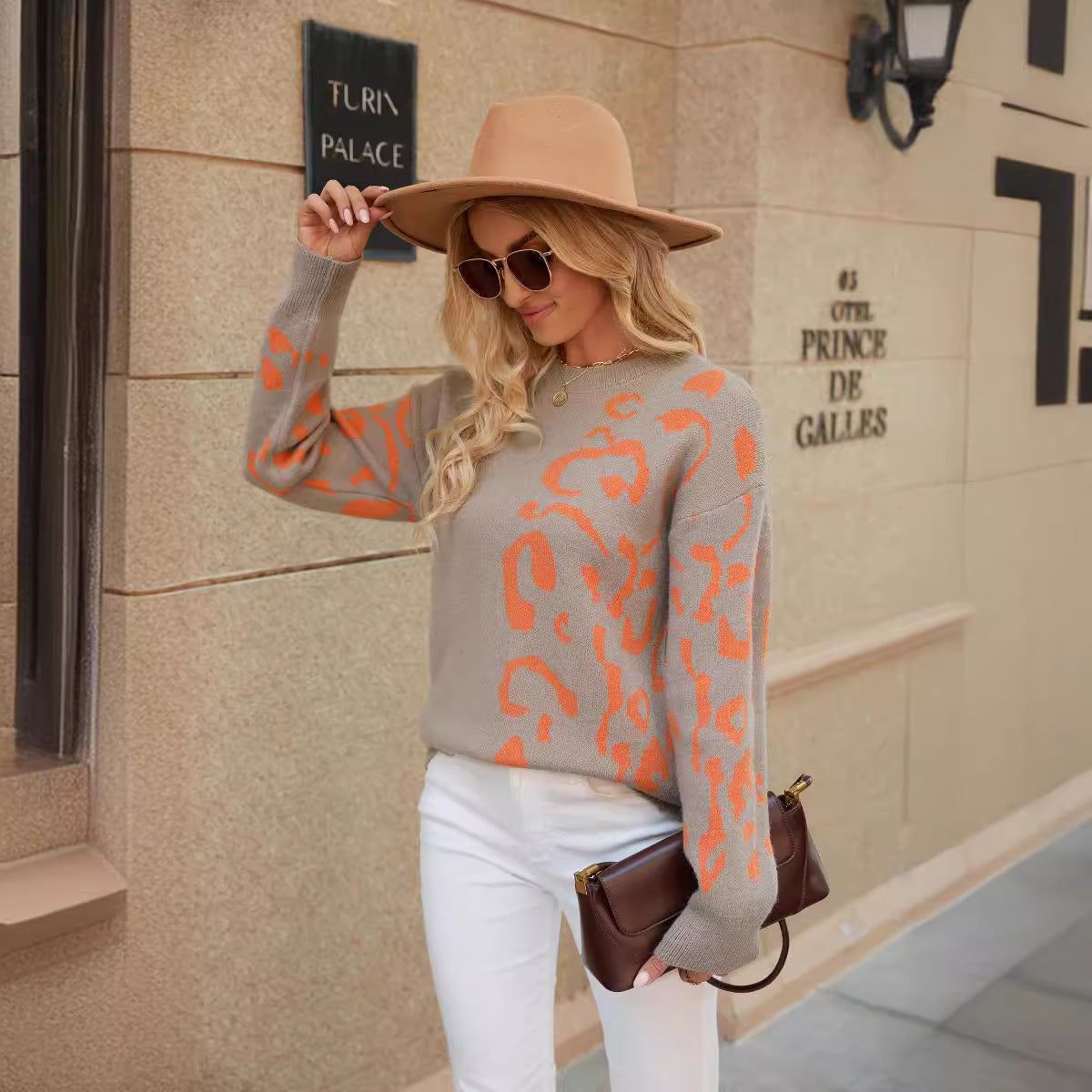 Damen modischer Strickpullover mit animalischem Muster und lockerer Passform Merchesia