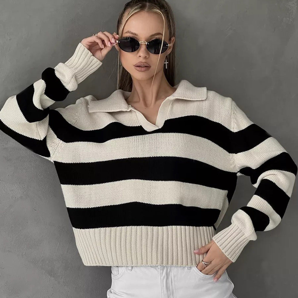 Damen Oversized Pullover mit klassischem Kragen und gestreiftem Design Merchesia