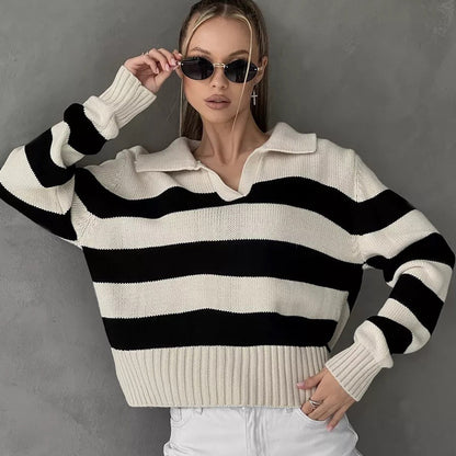 Damen Oversized Pullover mit klassischem Kragen und gestreiftem Design Merchesia