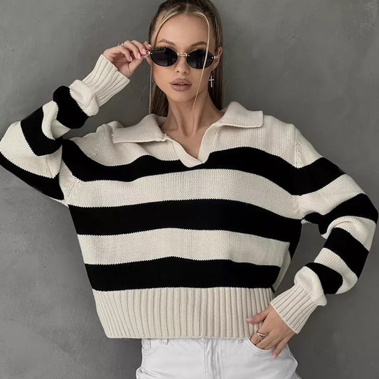 Damen Oversized Pullover mit klassischem Kragen und gestreiftem Design Merchesia