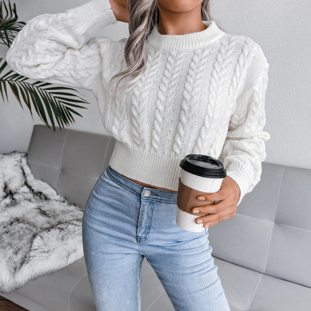 Damen Eleganter Cropped Strickpullover mit Zopfmuster und hochgeschlossenem Design Merchesia