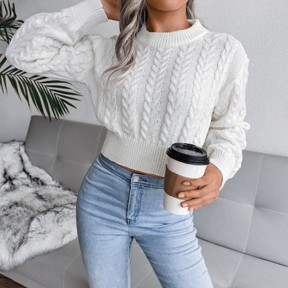 Damen Eleganter Cropped Strickpullover mit Zopfmuster und hochgeschlossenem Design Merchesia