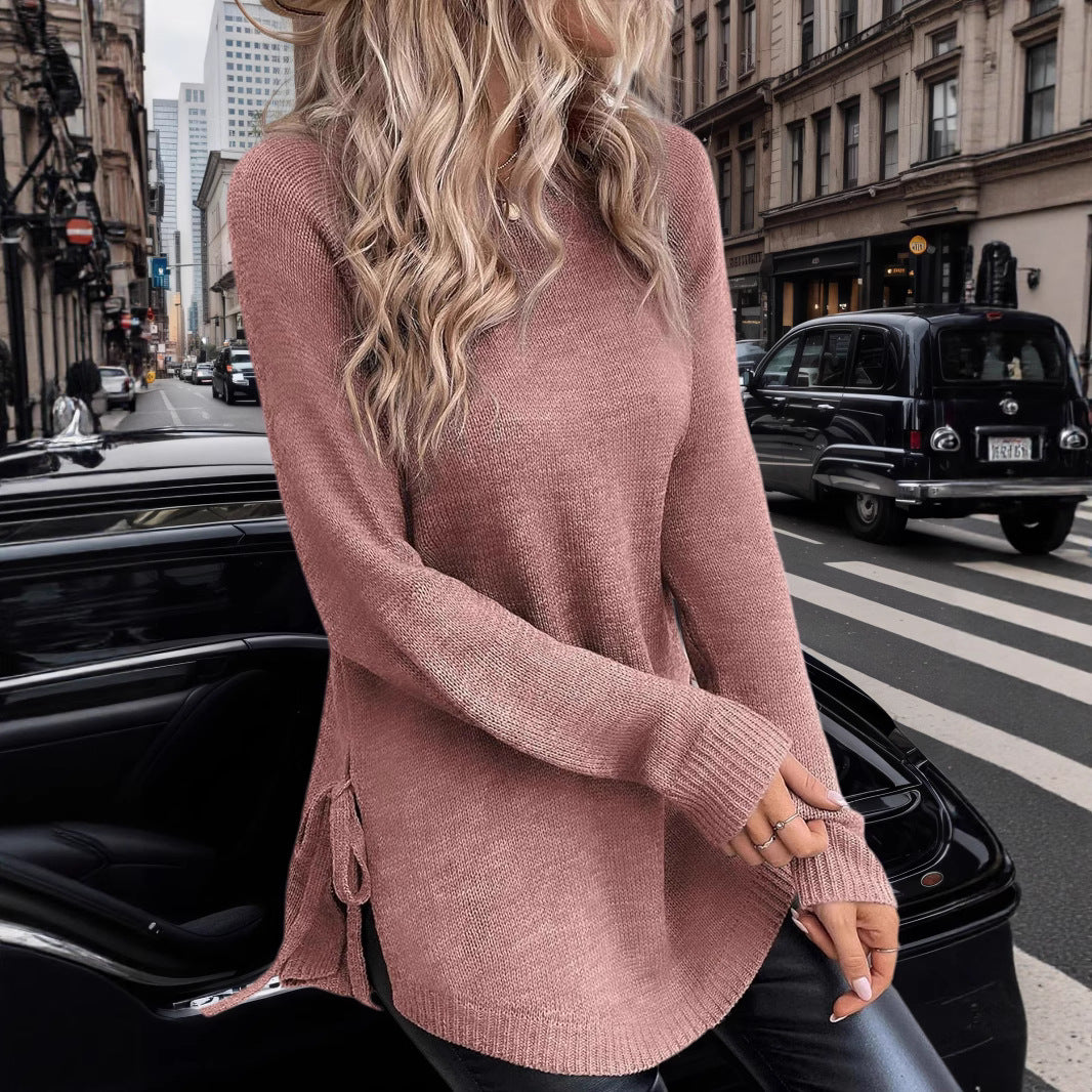 Damen lässiger Pullover mit seitlichen Bindebändern Merchesia