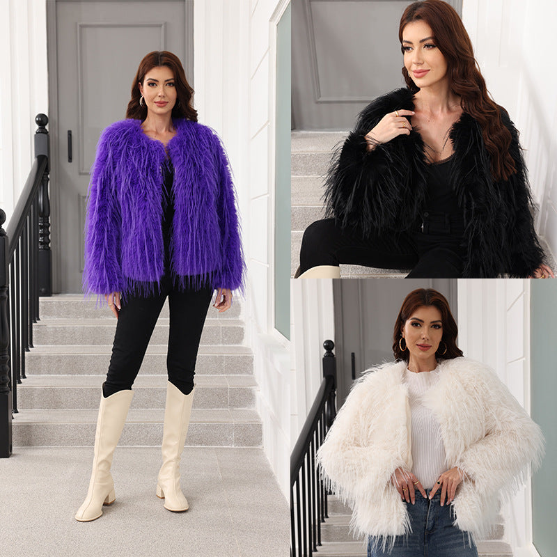 Damen Weicher Kunstfell Kurzjacke mit ausgestellten Ärmeln Merchesia